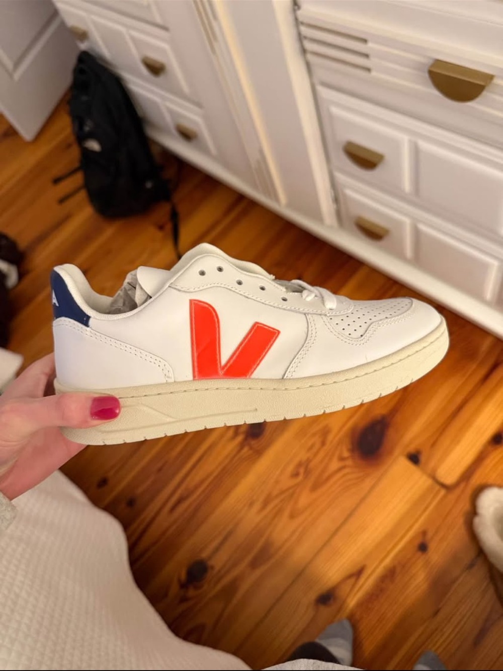 Veja V-10 White Leather Sneaker with Orange V and Navy Heel Tab